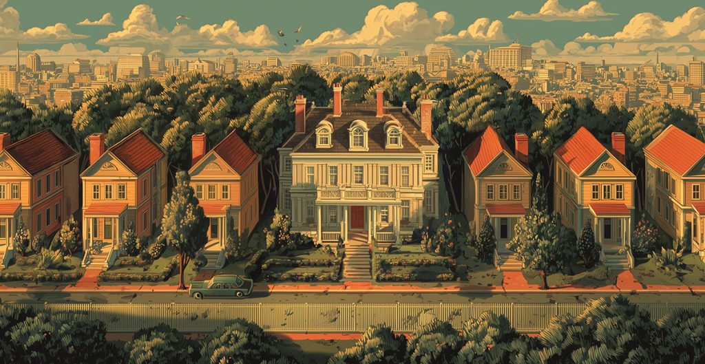 A row of elegant houses with red roofs and chimneys lines a leafy suburban street; a large white mansion stands in the center, hinting at the growth of the moving industry as tall city buildings rise in the distant background under a partly cloudy sky.