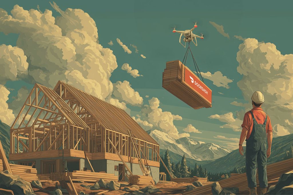 A worker in a hard hat watches as a drone lifts a large stack of lumber labeled "OpenAI" at a moving wooden house construction site, with mountains and dramatic clouds setting the scene for this industry moment.