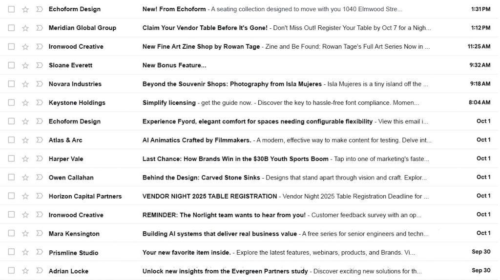 A screenshot of an email inbox displaying messages on topics like tax info, event news, and marketing tactics for home building brands. Messages from B2B marketing experts are included, with most emails still unread.