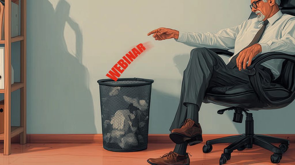 A man in business attire sits in an office chair, tossing the word "WEBINAR" in bold red letters into a trash can filled with crumpled paper, showing how B2B marketing tactics are evolving for home building brands.