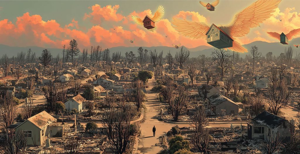 A person on the move walks through a devastated neighborhood with burnt houses and trees. Above, houses with wings fly in the sky against an orange sunset, creating a surreal and dreamlike scene.