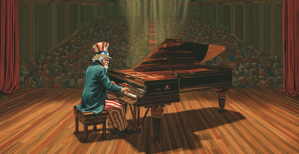 An illustrated Uncle Sam, in a blue coat and striped pants, plays a grand piano on a spotlighted stage before a large audience in a concert hall, capturing the spirit of everybody’s on the move with lively melodies and dynamic energy.
