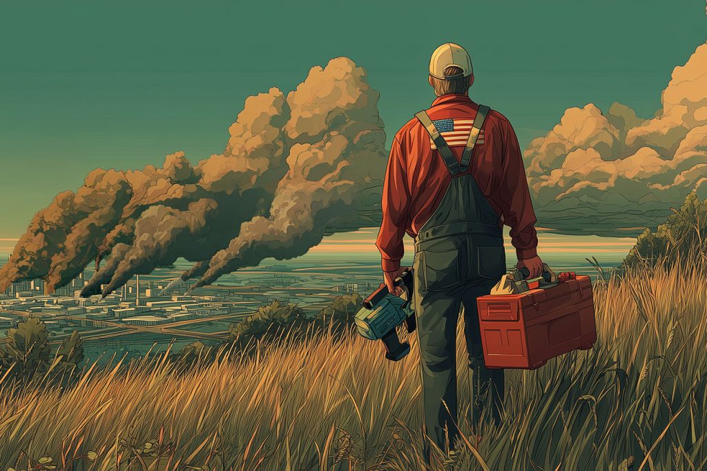 A person in overalls and a cap stands in tall grass, holding a red toolbox and a drill, looking toward factories emitting large plumes of smoke, with an American flag on their back—symbolizing lifestyle changes and people on the move.