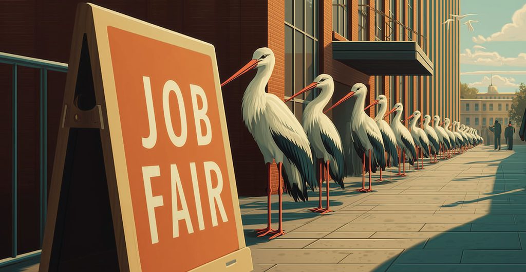 A row of storks stands in line on a city sidewalk outside a brick building, next to a large “Job Fair” sign. The scene, brightly lit with a clear sky, hints at action and reaction as each bird waits its turn.
