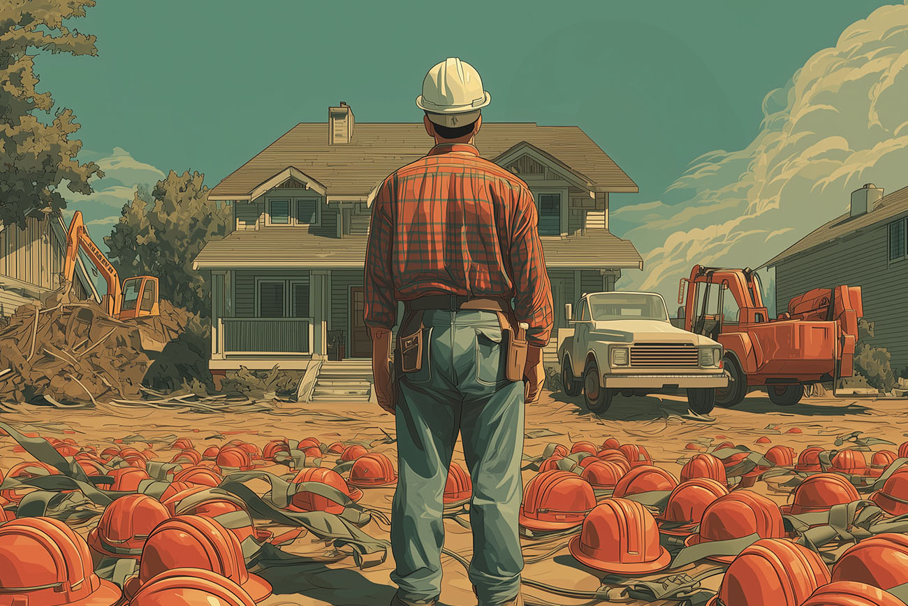 A construction worker in a hard hat faces a house, surrounded by many red hard hats on the ground, symbolizing action and reaction at a busy work site filled with vehicles and equipment.