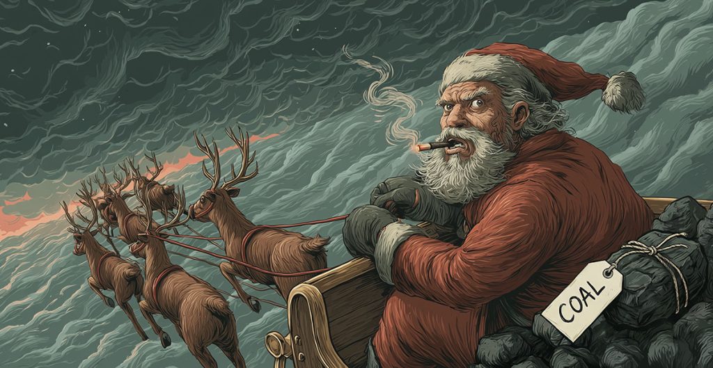 A stern-looking Santa Claus smokes a cigarette while flying in his sleigh, which is filled with coal labeled "COAL." Pulled by four reindeer through a dark, stormy sky, he seems to have left good tidings behind.
