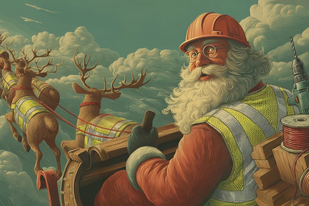 Santa Claus wearing a construction helmet and safety vest flies a sleigh filled with good tidings and construction tools, pulled by reindeer, soaring through a cloudy sky.
