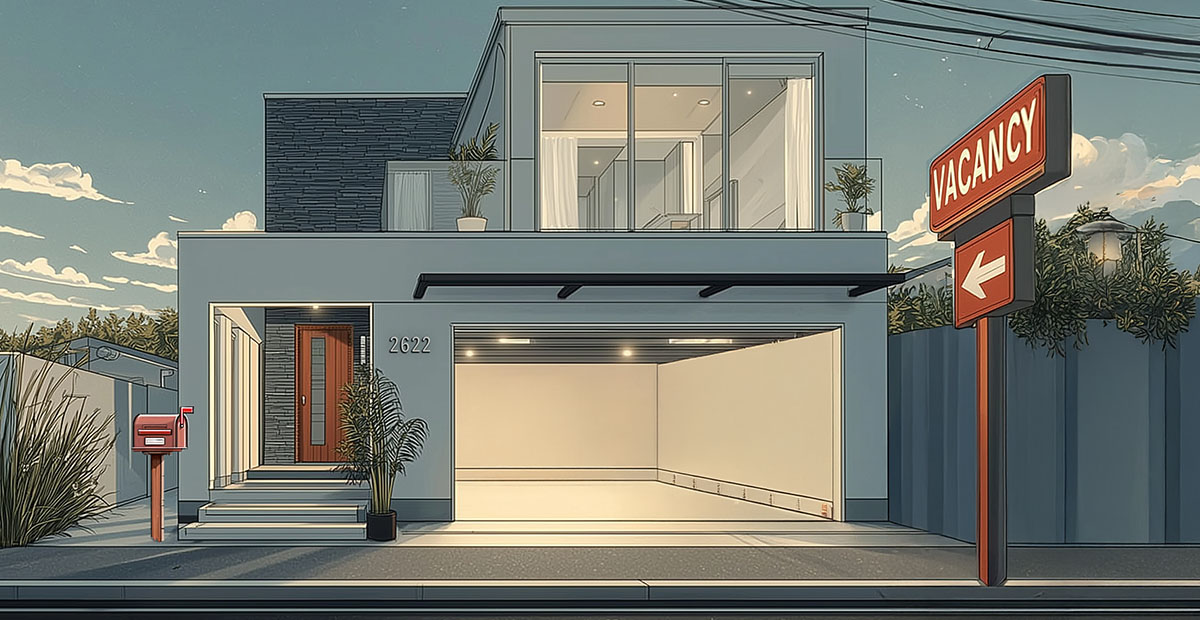 A modern two-story house with large windows and an open garage, ideally situated to build houses near transit. A red mailbox stands by the entrance, beneath a bold red "VACANCY" sign pointing toward this inviting home.
