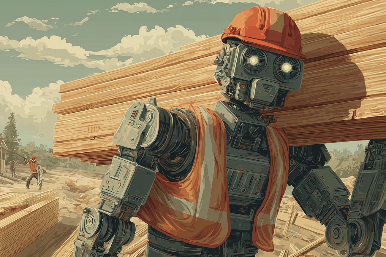 A robot wearing an orange safety vest and hard hat carries building materials on its shoulder at a construction site, assisting to build houses while another figure works in the background under a partly cloudy sky.