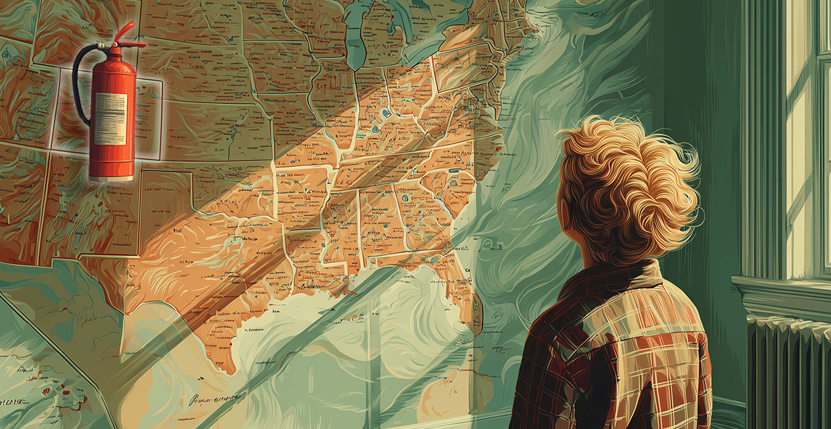 A boy with curly hair in a plaid shirt stands in a sunlit room, looking at a large U.S. map on the wall. A fire extinguisher is mounted over the Midwest region, as if poised to ease wildfire anxiety.