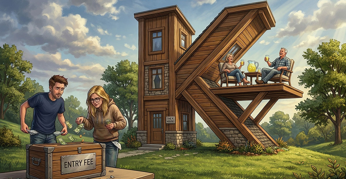 Two people put money in a box labeled "Entry Fee" outside a large house shaped like the letter "K." Two others sit on an elevated porch, drinking lemonade and discussing how the choppy economy affects the housing ecosystem.