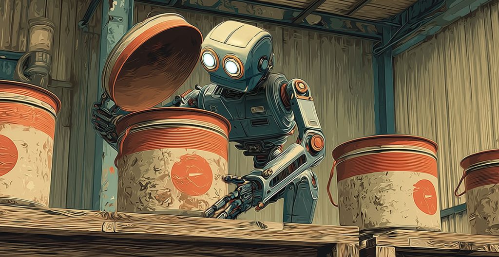 A cartoon robot with glowing eyes, pondering AI ethics, opens the lid of a large, weathered container in an industrial setting, surrounded by similar containers on a wooden shelf.