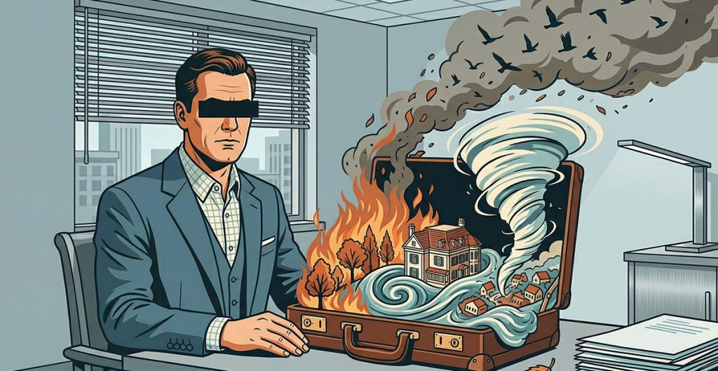 A man in a suit with his eyes covered sits at a desk. Before him, an open briefcase reveals chaos—fire, tornado, floods, and birds—symbolizing the turbulent housing ecosystem and choppy economy as smoke billows into the office.