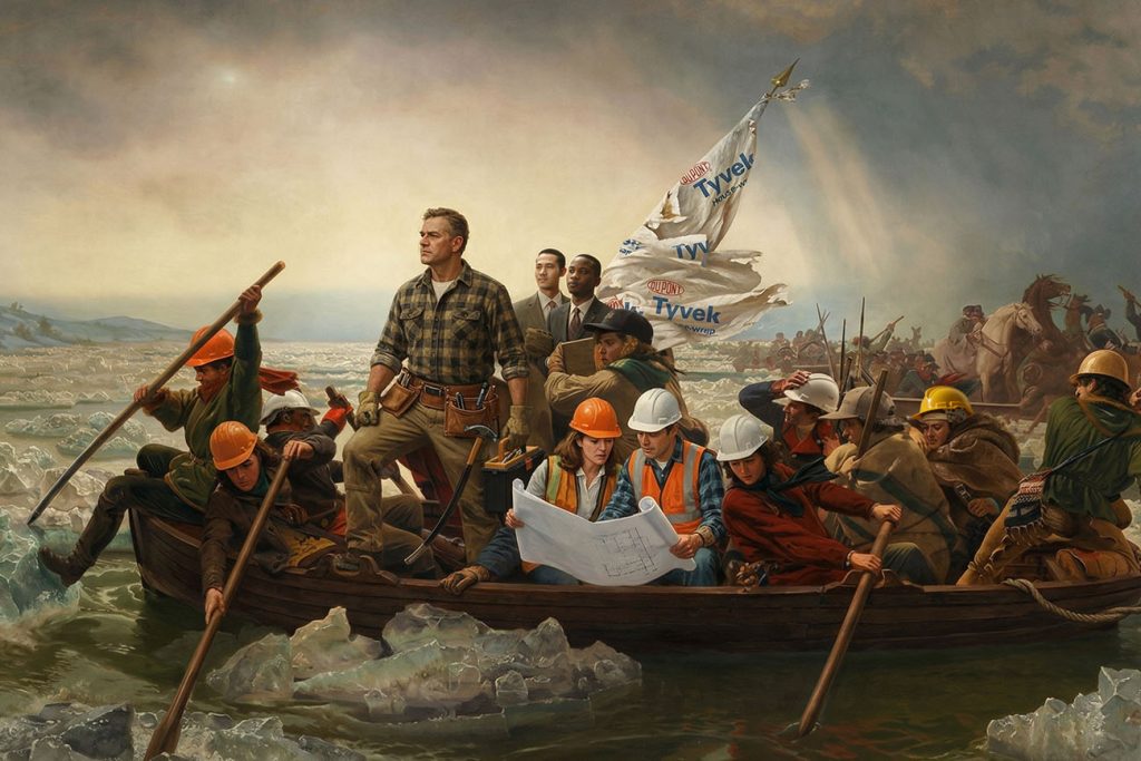 A group of modern construction workers and suited figures row a wooden boat through icy waters, carrying blueprints and tools—navigating a choppy economy. The Tyvek sail hints at challenges within the housing ecosystem, all in a historical painting style.