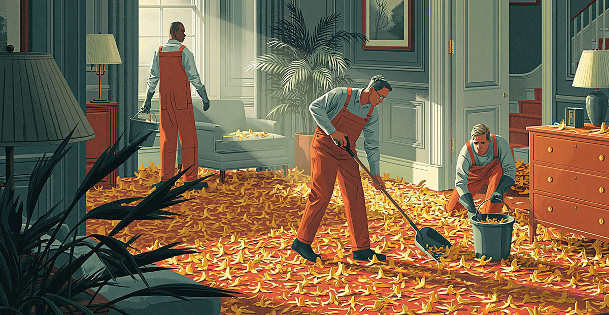 Three people in orange overalls, true housing heroes, clean up numerous banana peels scattered across a stylish living room floor. Sunlight streams through the window, highlighting the unusual mess they drill down on with brooms and buckets.