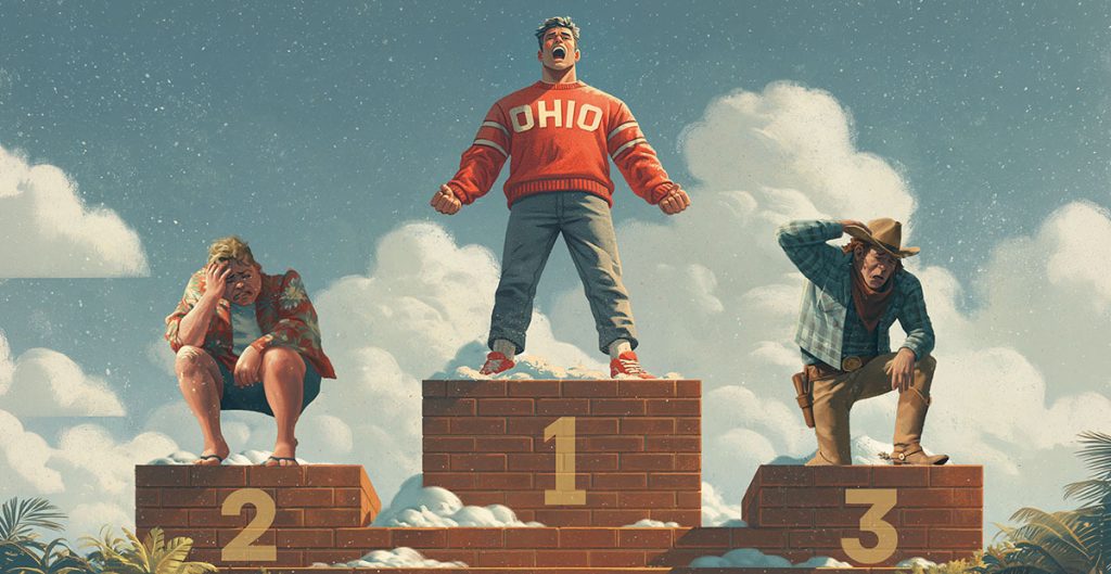 Three men stand on a winners' podium in first, second, and third place. The middle man, wearing an "OHIO" sweater, celebrates owning one home on top—a real estate trend—while the others appear upset on lower podium blocks.