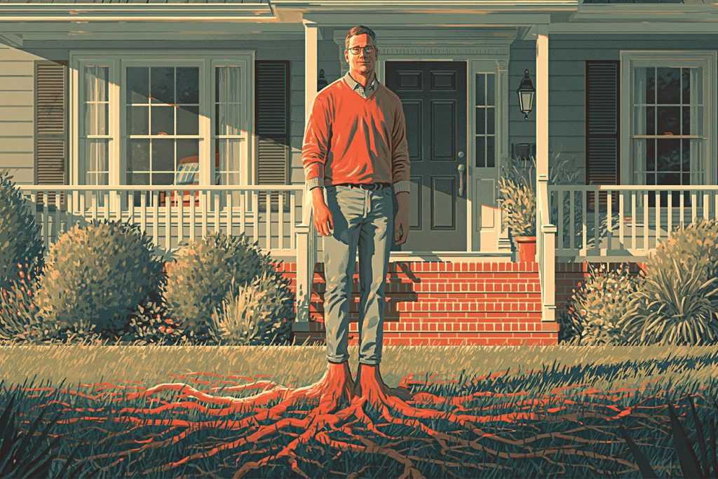 A man stands in front of a suburban house, with large tree roots growing from his feet and spreading across the lawn—symbolizing housing heroes who stay grounded even in a choppy economy.