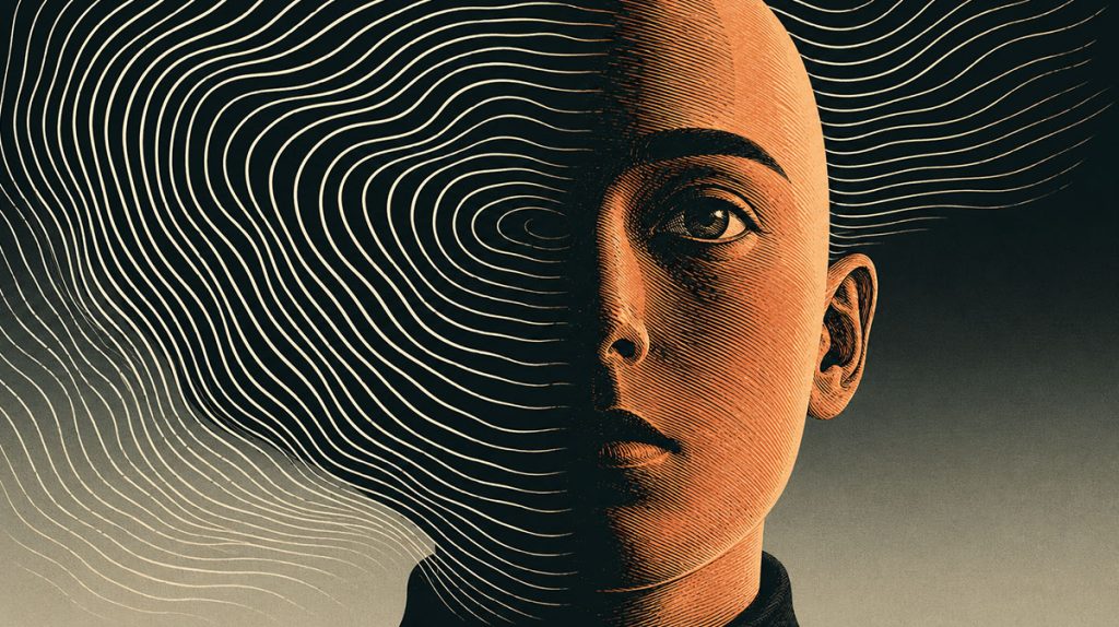 A stylized portrait of a person's face, with one half depicted realistically and the other dissolving into swirling, wavy lines, symbolizing the dynamic insights marketing leaders gain from market research against a dark background.