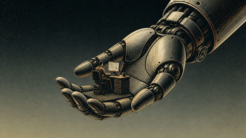 A small person sits at a desk with a computer, working inside the large open palm of a robotic hand against a dark background, symbolizing how market research and artificial intelligence guide and oversee human activity.