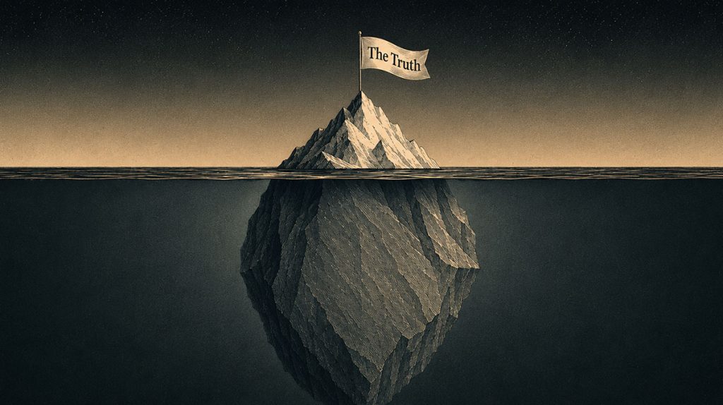 An iceberg floats in the ocean, with a flag labeled "The Truth" at its peak above water. Most of the iceberg is hidden below the surface, illustrating the concept of hidden depth faced by marketing leaders in market research.
