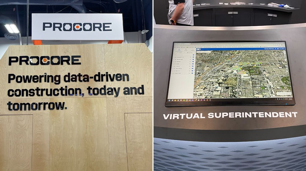 Booth display for Procore at ConExpo 2026, featuring the slogan "Powering data-driven construction, today and tomorrow" and a monitor labeled "Virtual Superintendent" showing a map and data for smarter safety.