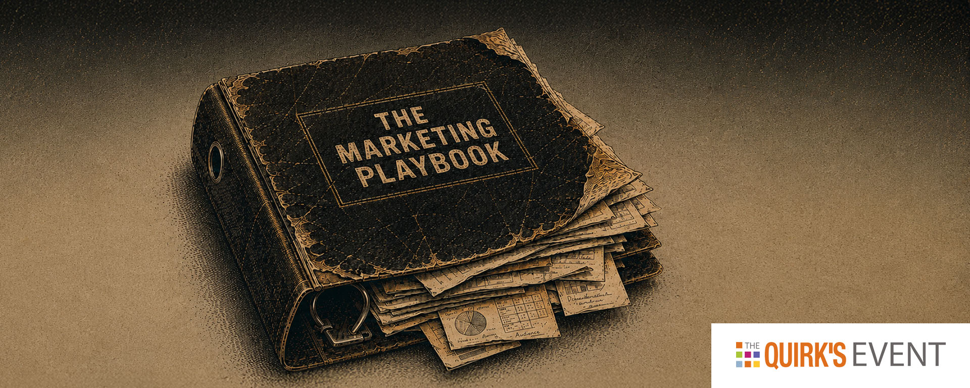 A worn binder labeled "THE MARKETING PLAYBOOK" sits with pages sticking out—essential reading for marketing leaders. In the bottom right corner, a "THE QUIRK'S EVENT" logo hints at insights drawn from market research.
