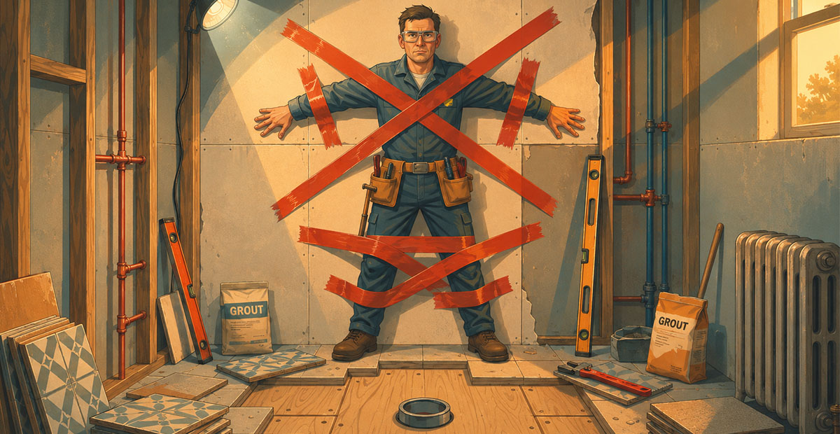 A construction worker stands against a wall with red tape in an X shape across his body. Wearing a blue uniform and tool belt, he’s surrounded by tiles, grout bags, and tools—evidence of the ongoing home renovation in the partially finished room.