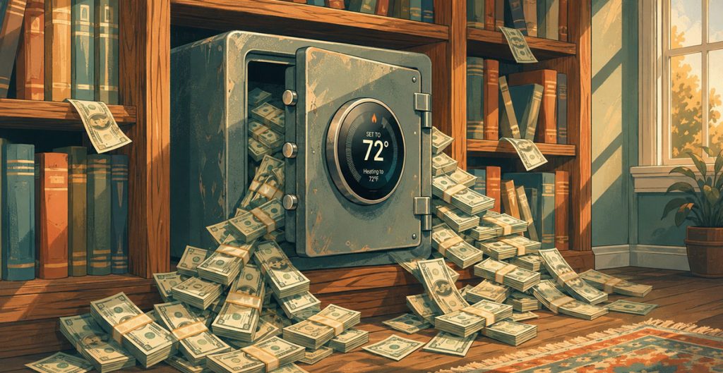 A large safe embedded in a bookshelf overflows with stacks of cash, some bills scattered on the floor—perhaps profits from the recent renovation boom. The safe's digital display reads "72°F" as sunlight streams into the cozy room.