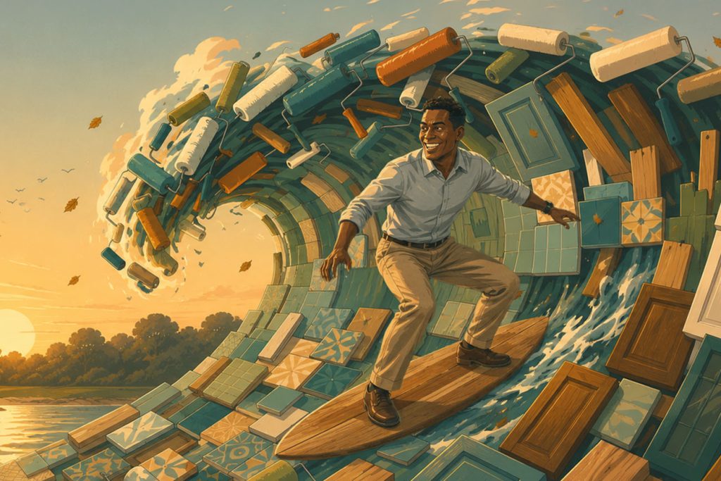 A man in business attire surfs a large wave made of paint rollers, tiles, and flooring materials at sunset—capturing the excitement of the home renovation boom and the thrill of blending surfing with creative remodeling.