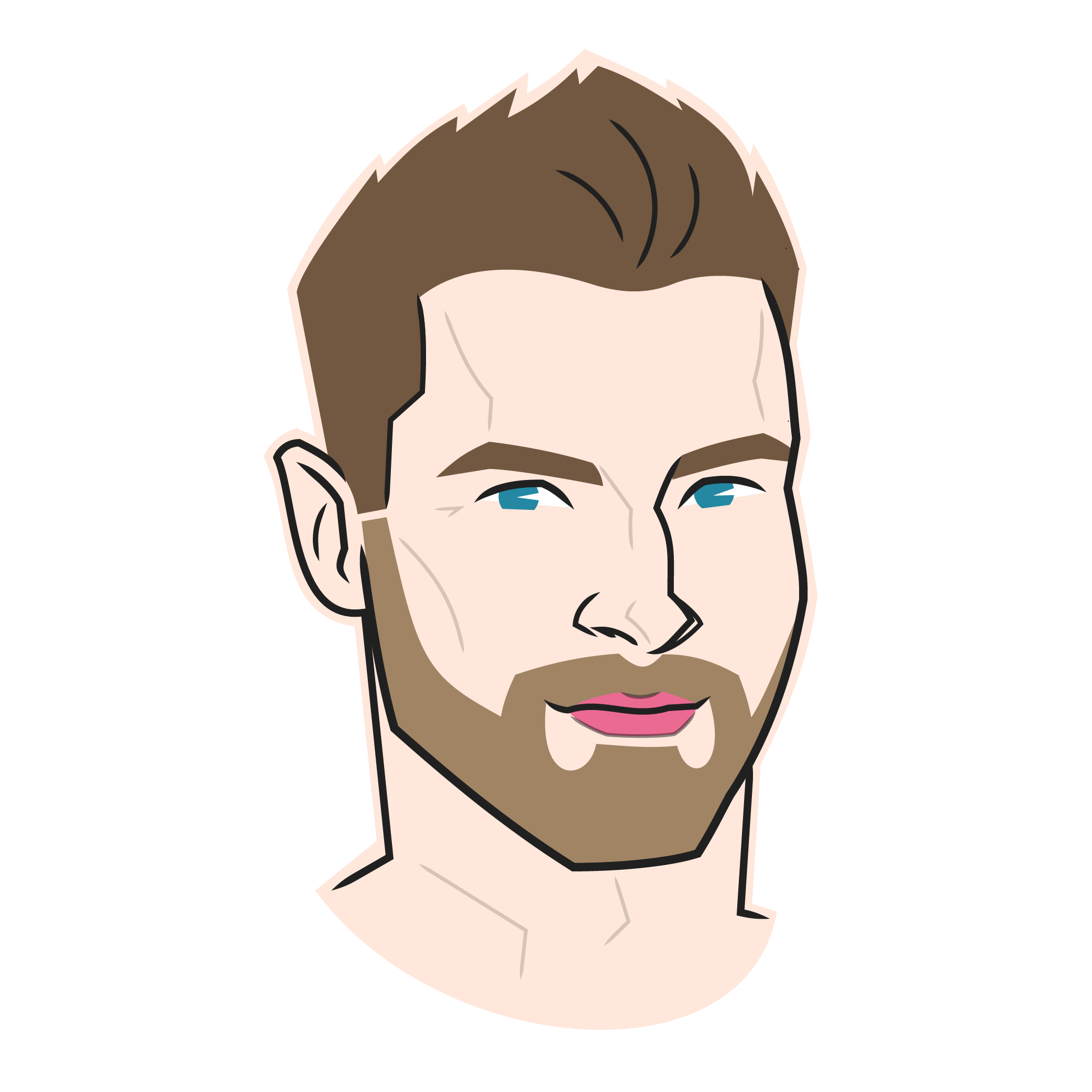 A digital illustration of a man's face with light skin, brown hair, a short beard, blue eyes, and pink lips, set against a plain light gray background.