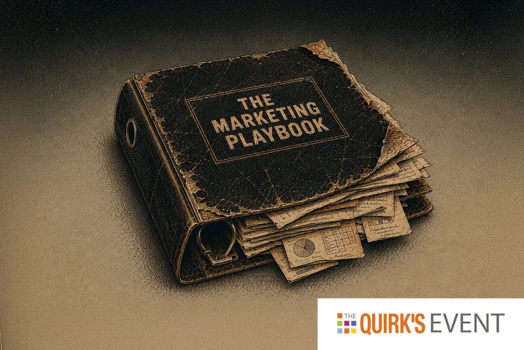 A worn binder labeled "The Marketing Playbook" is stuffed with market research papers and charts. In the corner, a logo reads "The Quirk's Event" with colorful text, inviting marketing leaders to discover the industry's six forces.