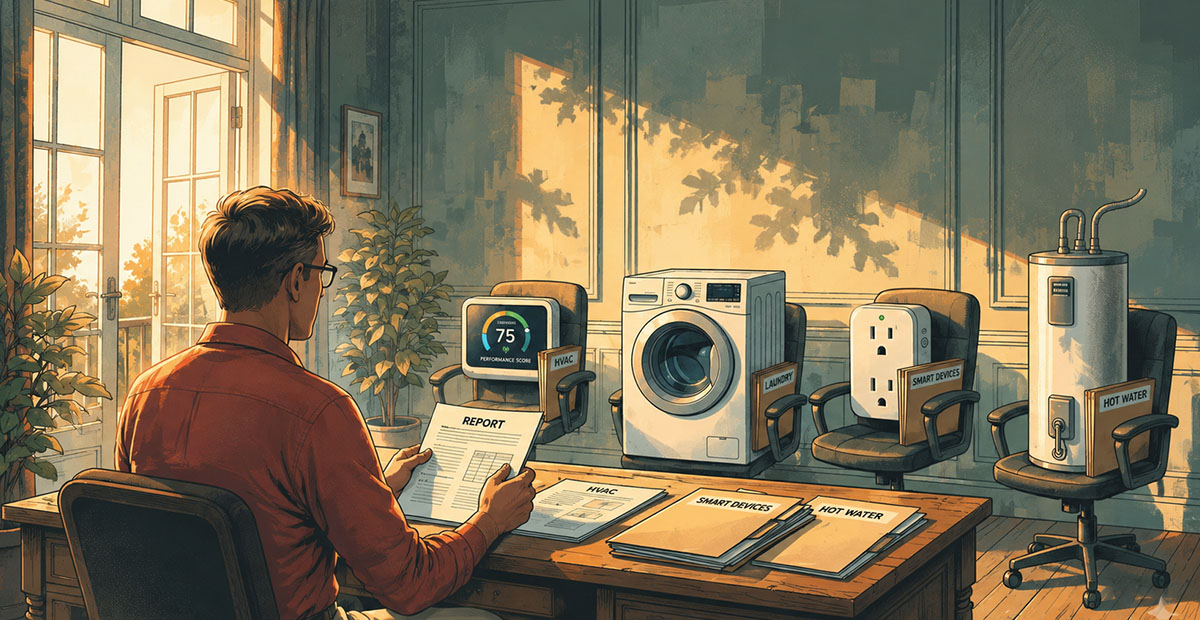 A man sits at a desk reading a report in a sunlit office, facing appliances—thermostat, washing machine, smart plug, and hot water tank—each labeled and arranged like attendees in a renovation meeting, perhaps contemplating red tape amid the renovation boom.