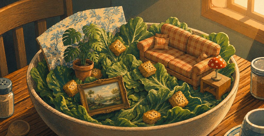 A salad bowl filled with leafy greens and croutons contains miniature items—a plaid sofa, potted plant, framed painting, small mushroom-shaped table, and wallpaper—evoking a cozy living room scene inspired by the ongoing renovation boom in sunlight.