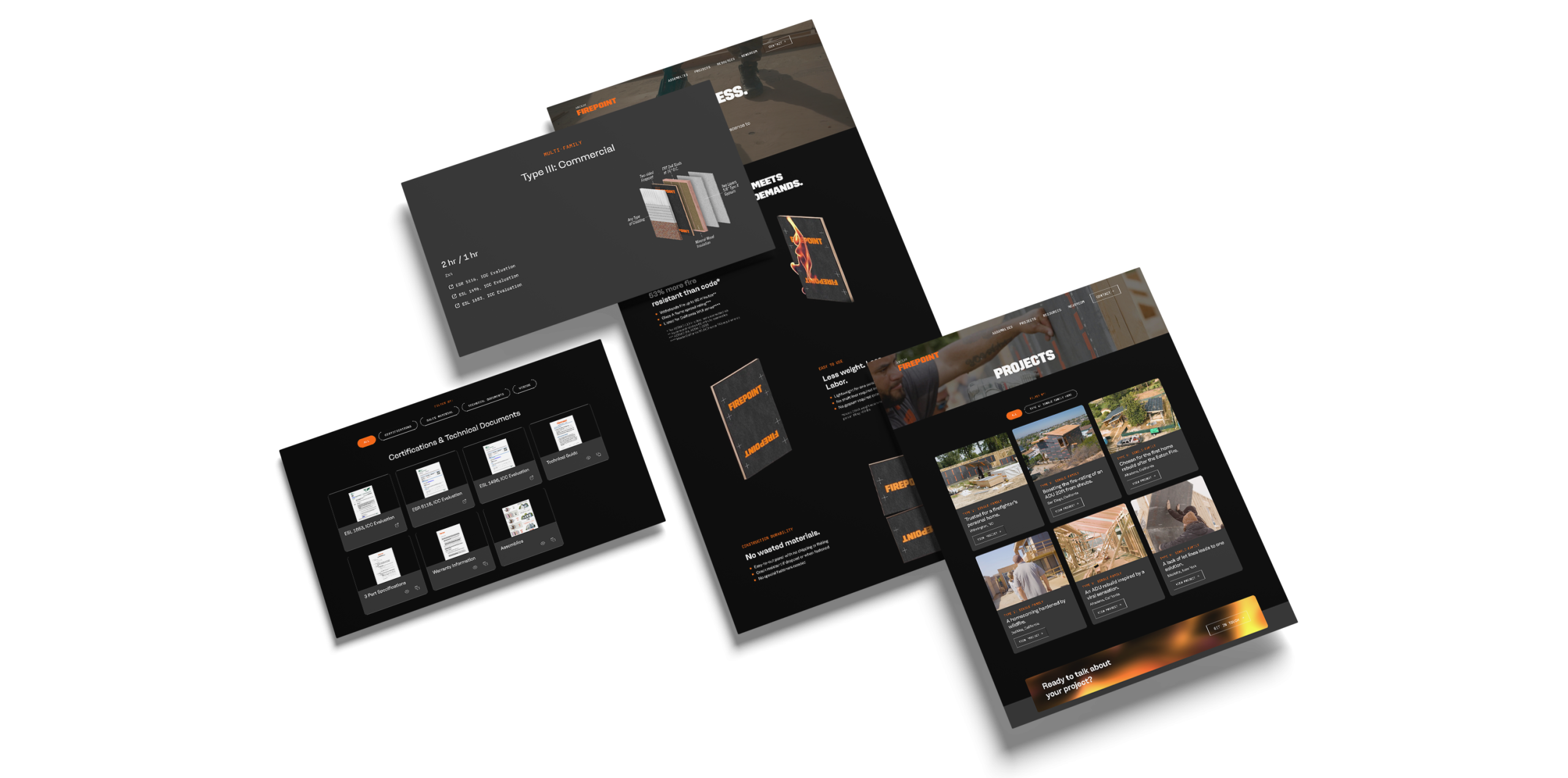 Three overlapping dark-themed website mockups with orange accents are displayed on a white background, showcasing sections for projects, plans, documents, and image thumbnails in a clean, modern layout.