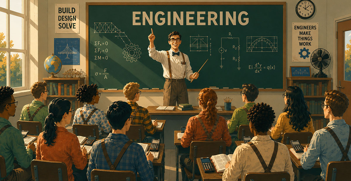 A teacher stands in front of a classroom of students, pointing upward, with engineering diagrams on the chalkboard and posters about engineering on the walls. As students face the teacher holding calculators, they are encouraged to apply valuable history lessons and learn from the achievements—and mistakes—of engineers before them.