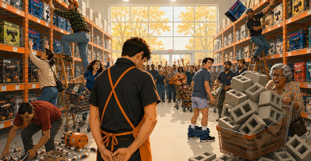 A store worker faces chaos as customers frantically grab toys and cinder blocks; one person stands in underwear, others climb shelves or fill carts—much like the frenzy seen in homes selling fast—while a crowd rushes in from outside.