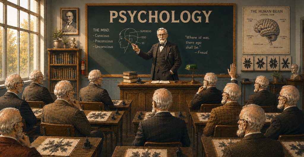 A classroom of identical older men with beards listens to a teacher, also identical, lecturing on Freud’s theories in front of a chalkboard labeled “PSYCHOLOGY.” Set in a vintage and scholarly atmosphere, the scene evokes the idea of learning from history and drawing valuable lessons of the past.