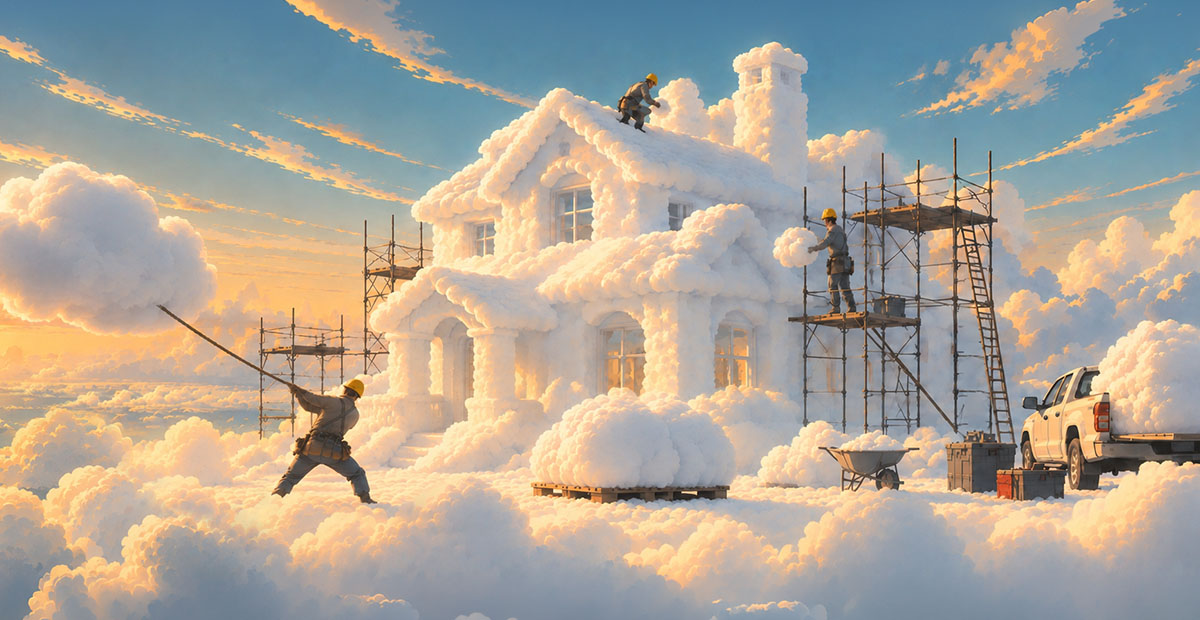 Workers build a house made of clouds, using scaffolding and tools, surrounded by a fluffy, cloud-filled sky at sunset. A truck and equipment are nearby, and one worker pulls a large cloud toward the house, capturing the spirit of learning from history as they apply the lessons of the past to shape their airy creation.