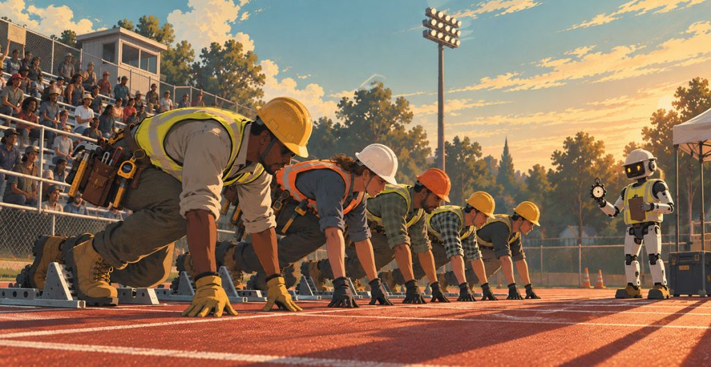 Five construction workers in safety gear prepare to race on a track while a robot holding a stopwatch stands nearby. As the spectators watch from the bleachers under stadium lights on a sunny day, the lively scene playfully reminds us of learning from history and how lessons of the past can inspire modern innovation.