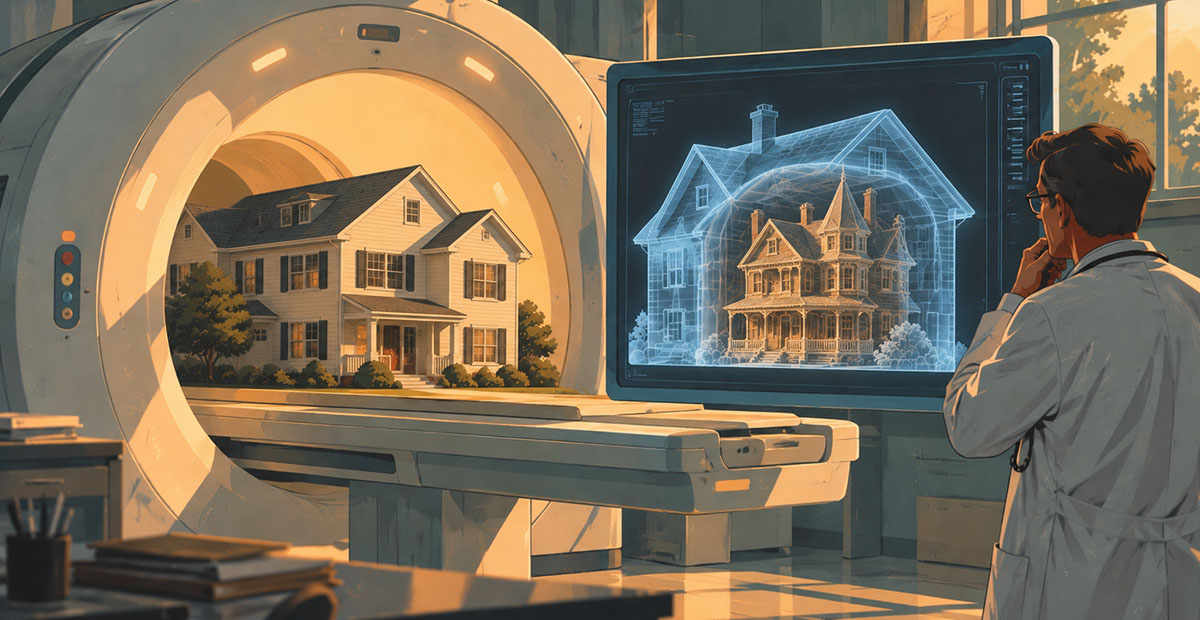 A doctor examines a digital blue wireframe of a house on a monitor, while a physical home improvement model sits inside the bore of an MRI machine.