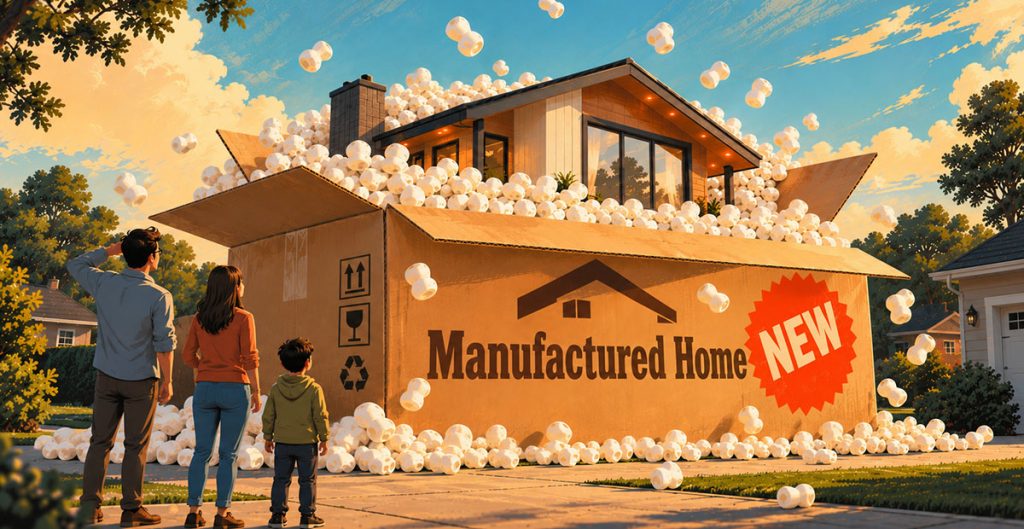 A family stands in a driveway looking at a life-size house packed inside a large cardboard box filled with packing peanuts, labeled “Manufactured Home” with a “NEW” starburst, showcasing creative house design.